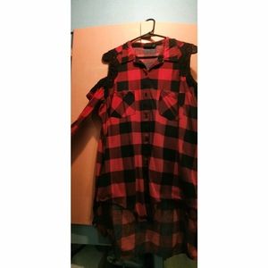 Long Sleeve Cold Shoulder Plaid Button Up